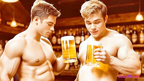 Muscular bear pounds ass with beer public anal fucking on bar